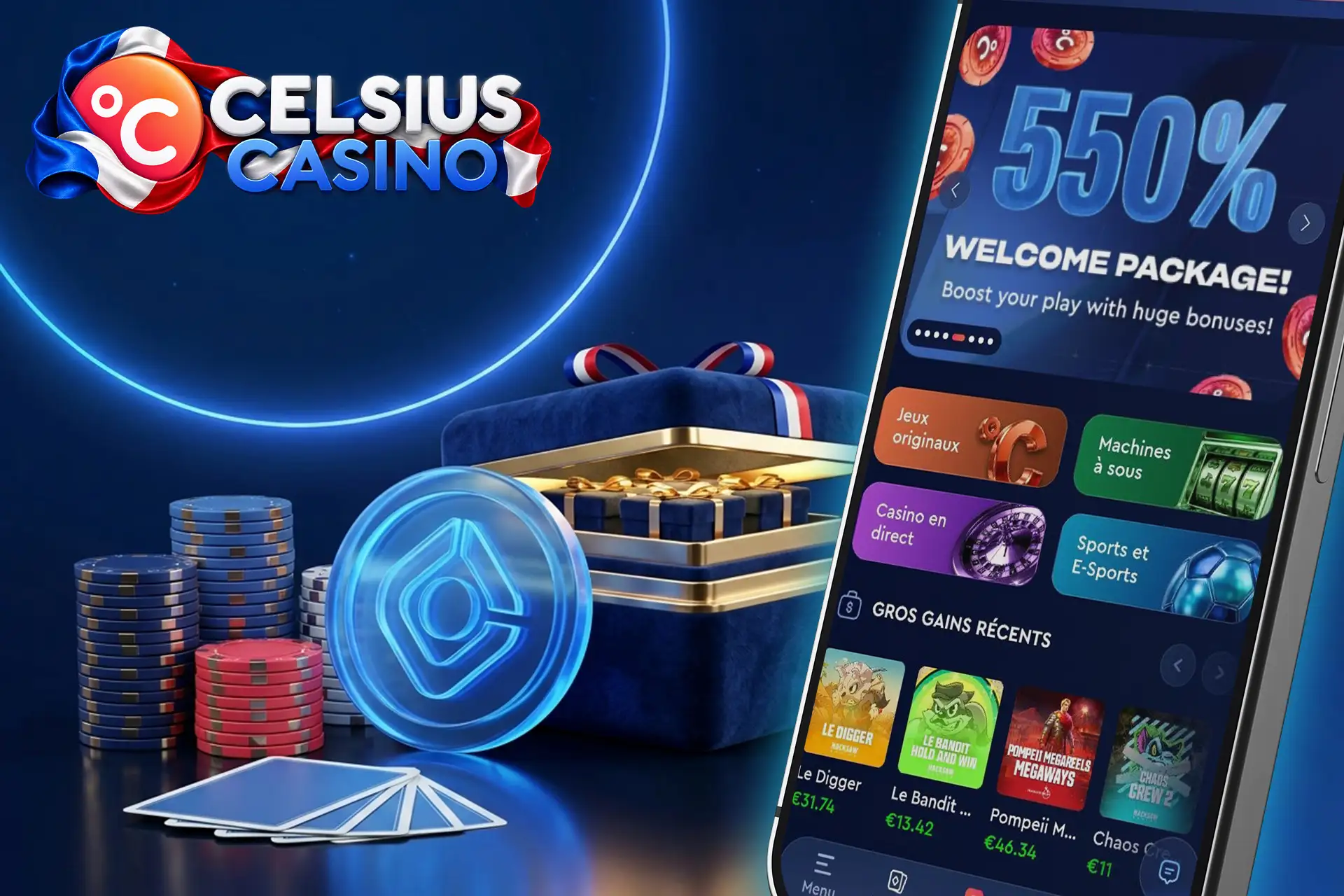 Aperçu des offres et du pack de bienvenue de 550 % sur mobile, à côté d'une boîte cadeau bleue remplie de jetons et d'une pièce numérique